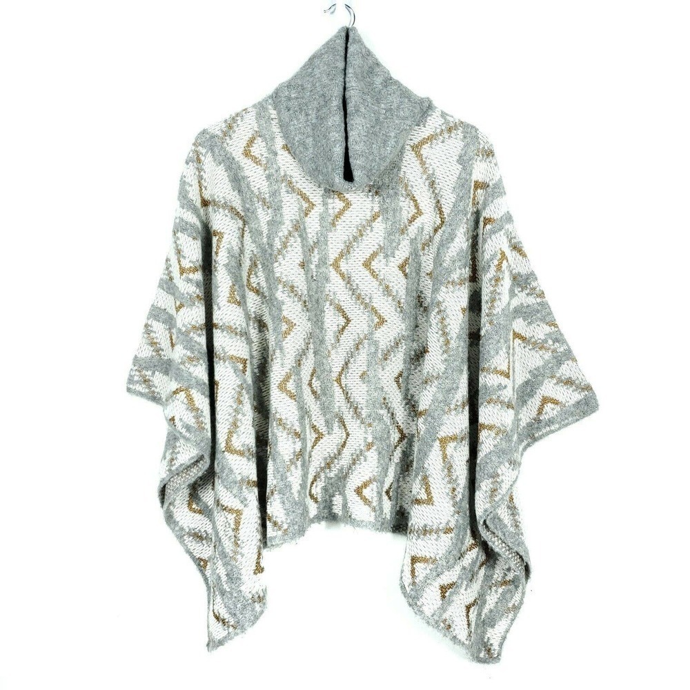 Sita Murt Womens Sweater One Size Geometric White Gray Gold Metallic Knit Poncho